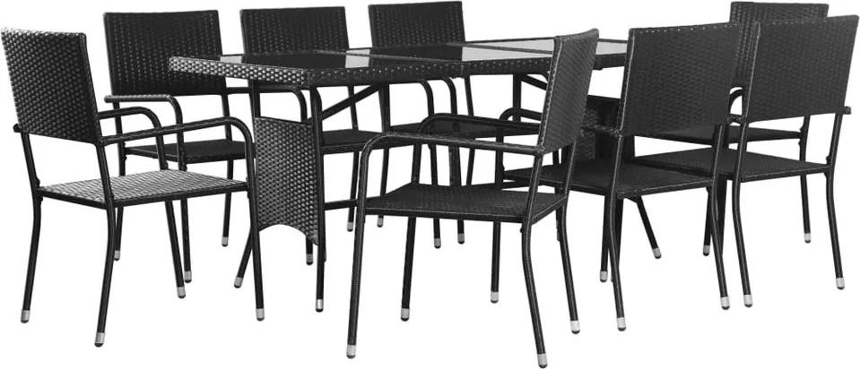 Set de masă și scaune de exterior, 9 piese, negru, poliratan