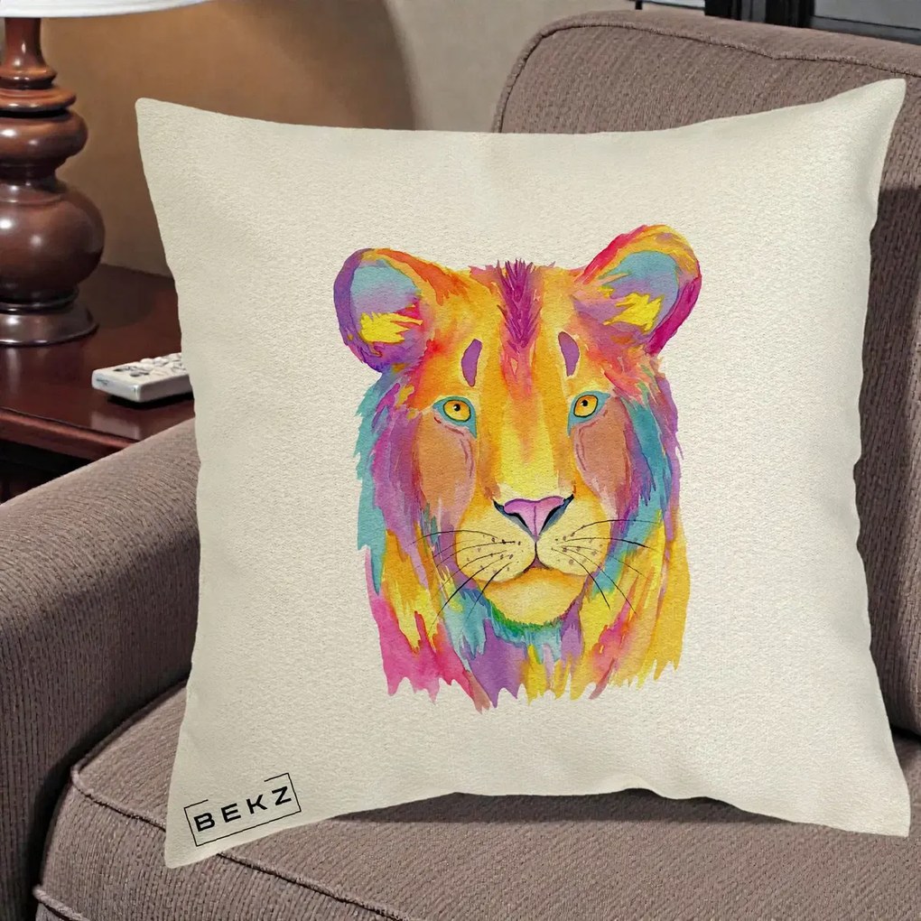Perna Decorativa Leu Acuarela Curcubeu, 40x40 cm, Ecru, Husa Detasabila, Perna Inclusa, BEKZ®