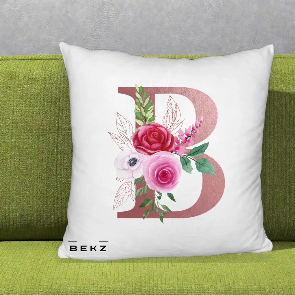 Cadou Personalizat - Perna Personalizata Monograma Rose Gold Litera B, 40x40 cm, Alb Pufos, Husa Detasabila, Perna Inclusa, BEKZ®