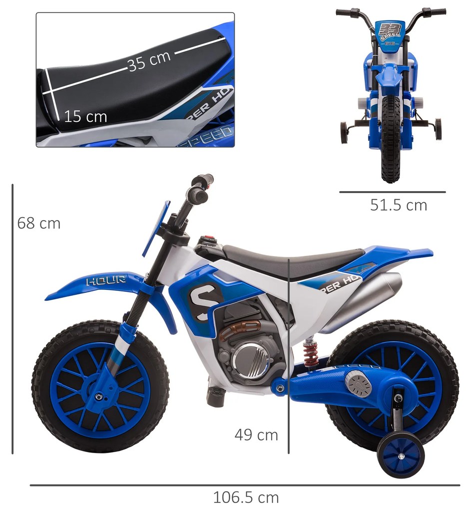 Motocicleta Cros Electrica HOMCOM pentru Copii 3-5 ani, Baterie 12V Reincarcabila, Rotite Detasabile, Albastru inchis 106,5x51,5x68cm | Aosom Romania