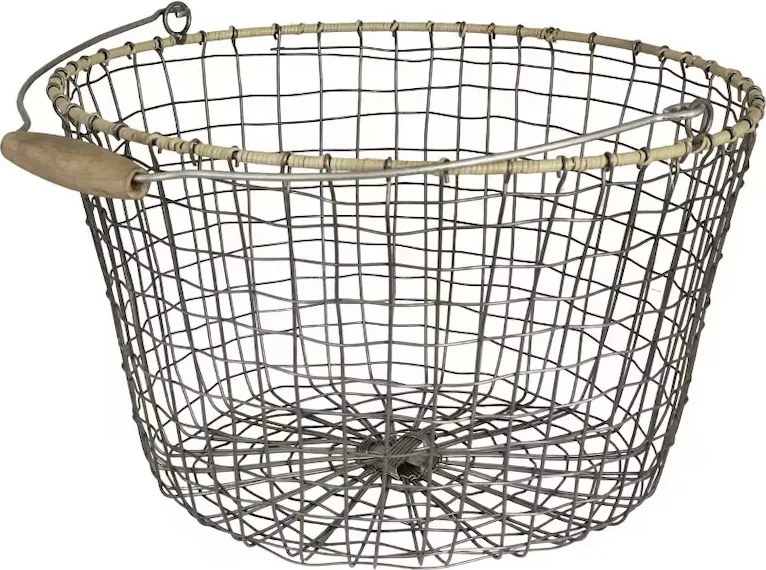 Coș rustic din zinc rotund, mare, mâner din lemn, Ø 40 cm, „Alvar"