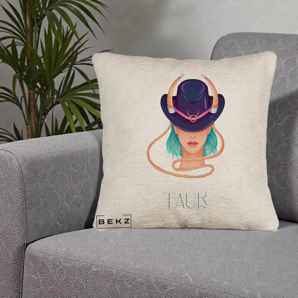 Perna Personalizata Zodie Taur, 40x40 cm, Bej Canapea, Husa Detasabila, Perna Inclusa, BEKZ®