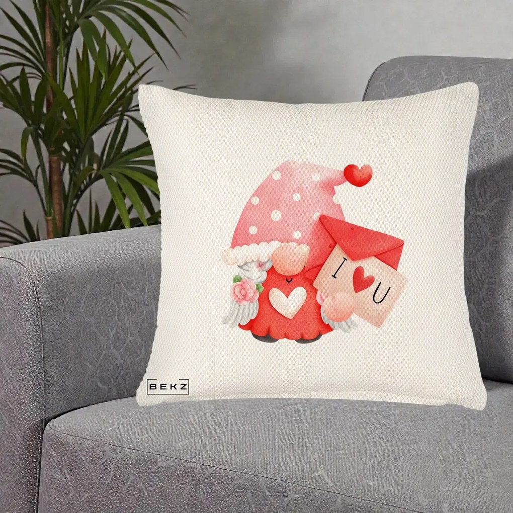Cadou Romantic - Perna Personalizata I Love You Gnome Valentine cu Scrisoare, 40x40 cm, Crem Reliefat, Husa Detasabila, Perna Inclusa, BEKZ®