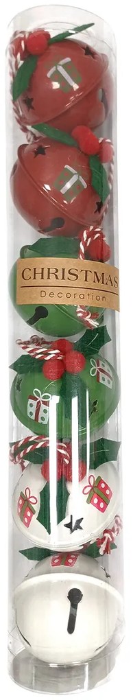 Set de 6 clopoței de Crăciun Gifts, diametru 5 cm,roșu-verde-alb, metal, diam. 5 cm