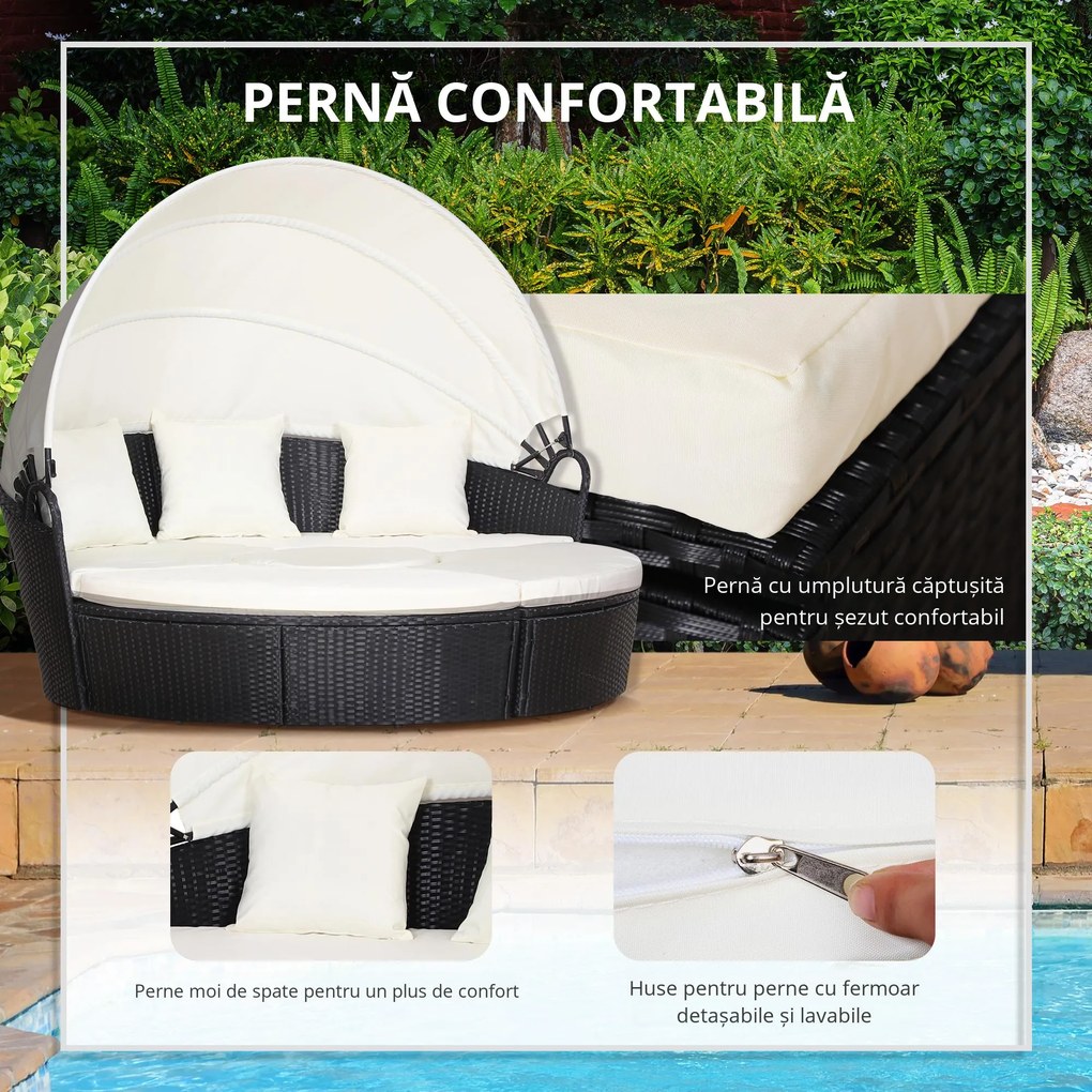 Set 5 Piese Canapea Gradina Outsunny, Ratan Negru, Acoperis, Perne Bej 180x175x147cm | Aosom RO