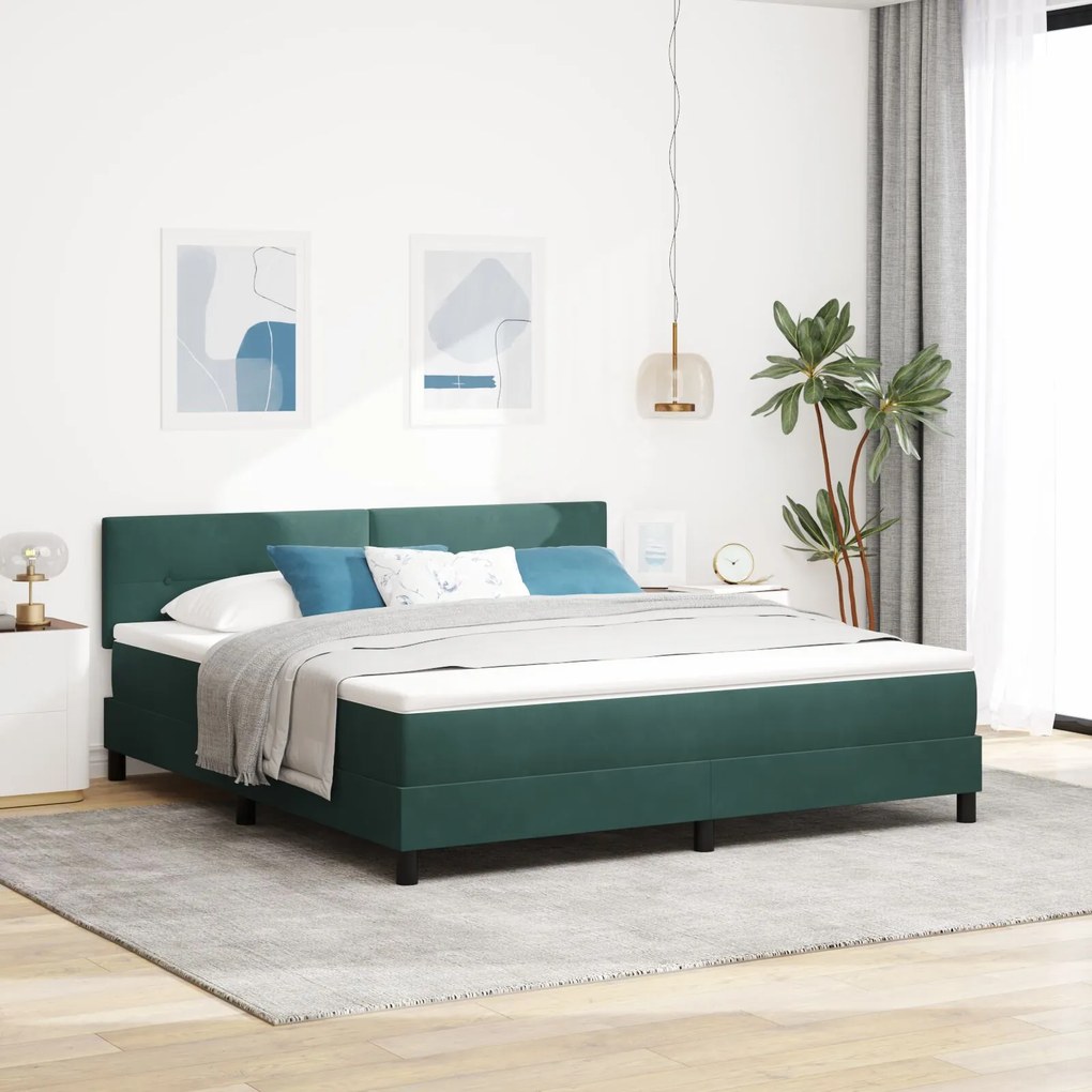 vidaXL Pat box spring cu saltea, verde închis, super king, catifea