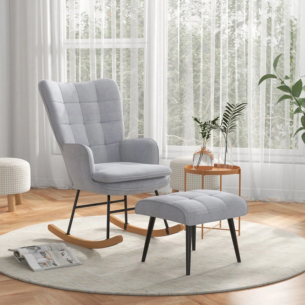 HOMCOM Fotoliu cu leagăn și otomană în design scandinav Fotoliu cu taburet, Lemn de fag, Captuseală, 64 cm x 89 cm x 90 cm Gri | Aosom Romania