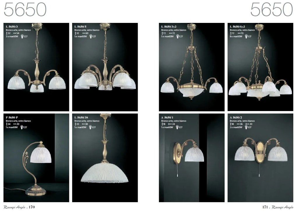 Candelabru cu 3 brate clasic design italian din alama, sticla 5650 RA-L. 5650/3