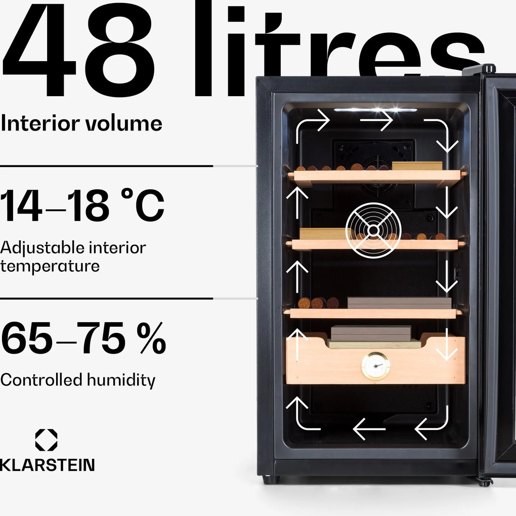 Klarstein El Presidente 48, Humidor pentru trabucuri, 48L, 3 sertare, 1 compartiment din lemn de cedru