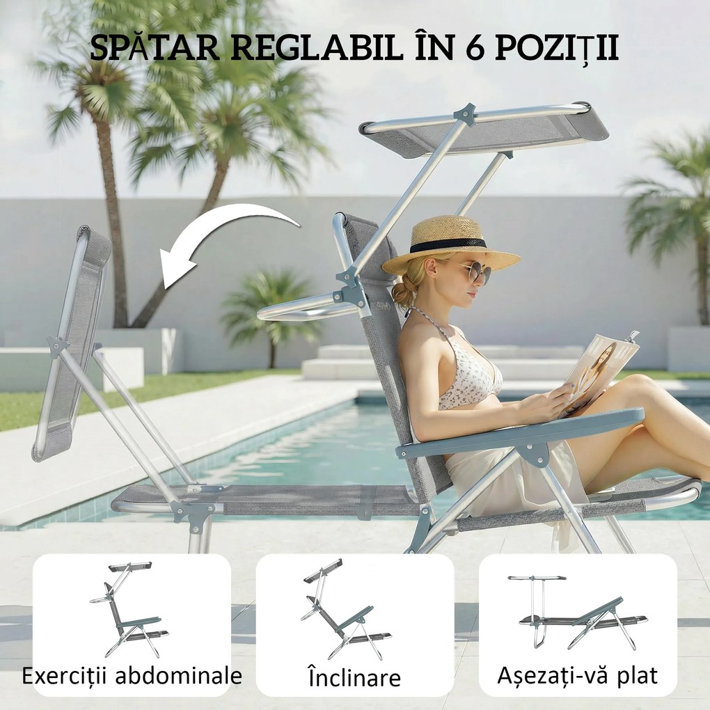 Outsunny Șezlong Reclinabil cu 6 Nivele, Copertină Reglabilă și Tetieră, din Aluminiu și Plasă, 62x68x79, Gri | Aosom Romania
