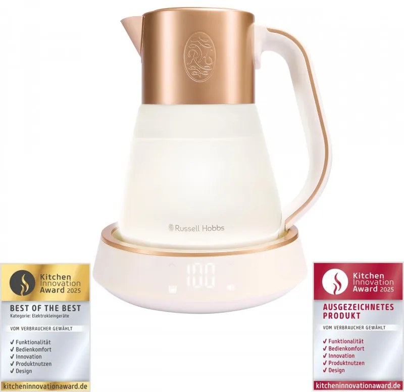 Cana electrica Russell Hobbs Calm 27450-70, 2400W, 1,7 l, 40-100°C, Fierbere silentioasa, Butoane tactile, Alerte sonore, 6 culori schimbatoare, Protect, Fara BPA si PFAS, Alb/Auriu