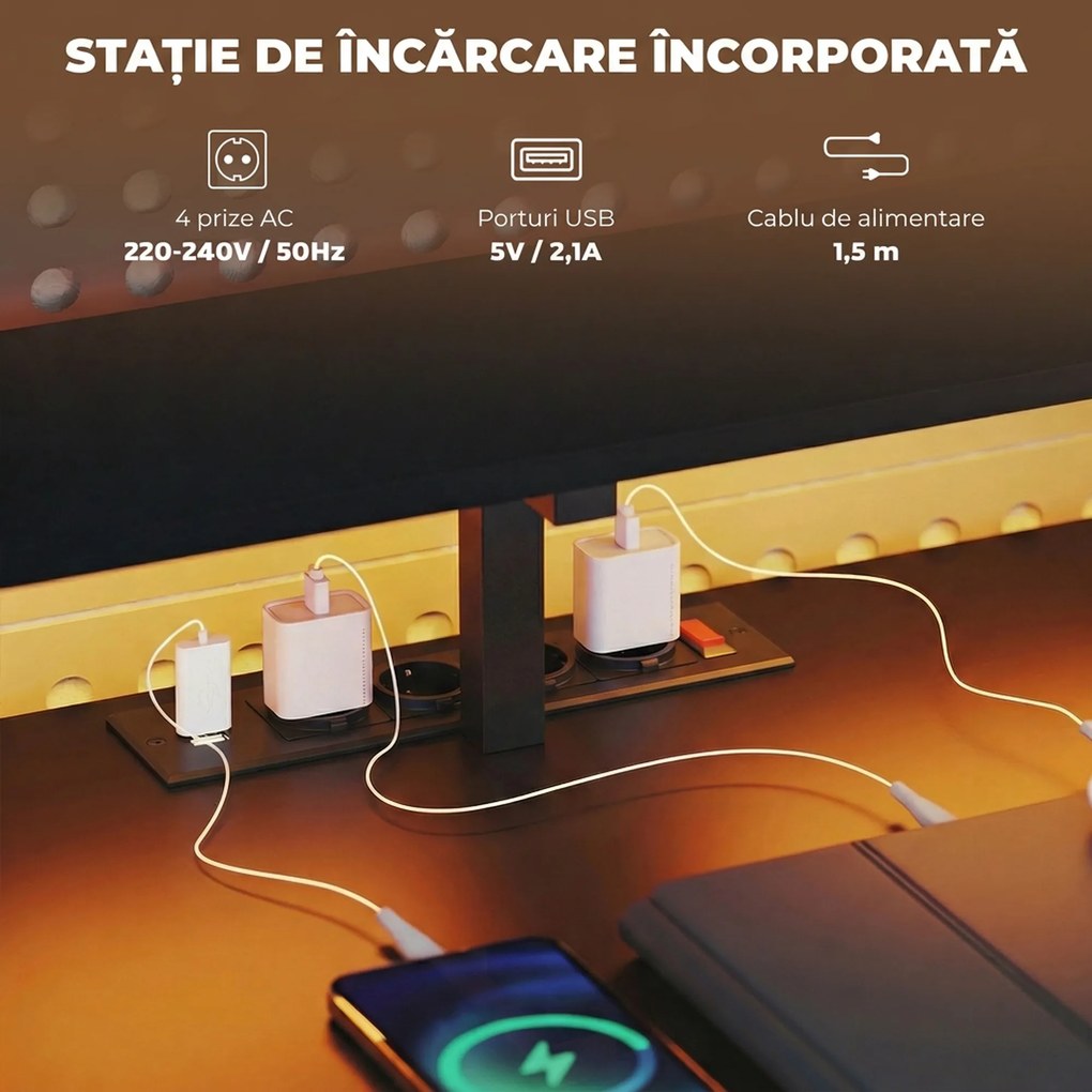 HOMCOM Birou Gaming Reversibil în Formă de L cu LED, Birou Colțar 192,5 cm cu Prize Electrice, Suport Monitor și CPU, 2 Sertare din Material Textil pentru Documente A4/Legal, pentru Acasă sau Birou, Negru | Aosom Romania