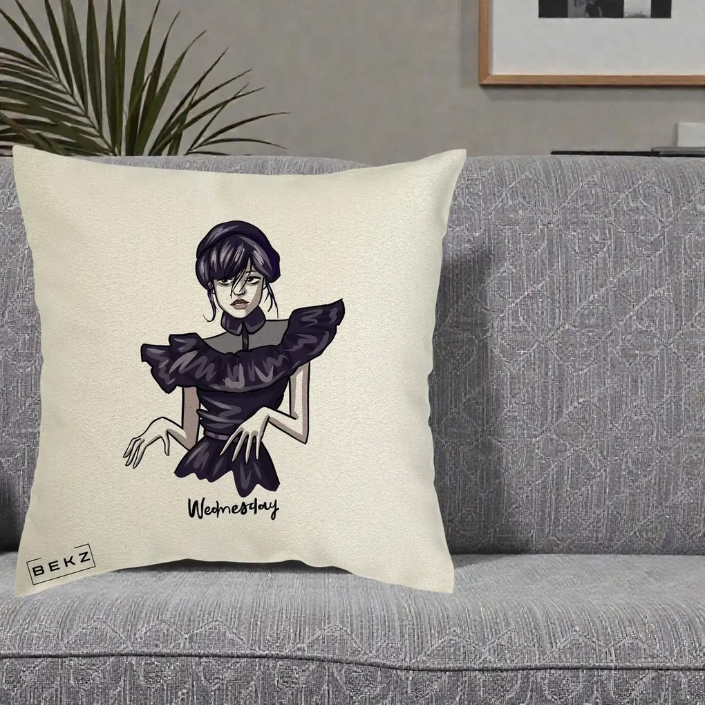 Perna Personalizata Wednesday Addams Dans Gotic, 40x40 cm, Ecru, Husa Detasabila, Perna Inclusa, BEKZ®