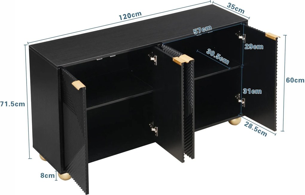 Bufet cu patru uși gravate, mânere metalice și picioare sferice, mult spațiu de depozitare, 120x35x71,5 cm, Negru