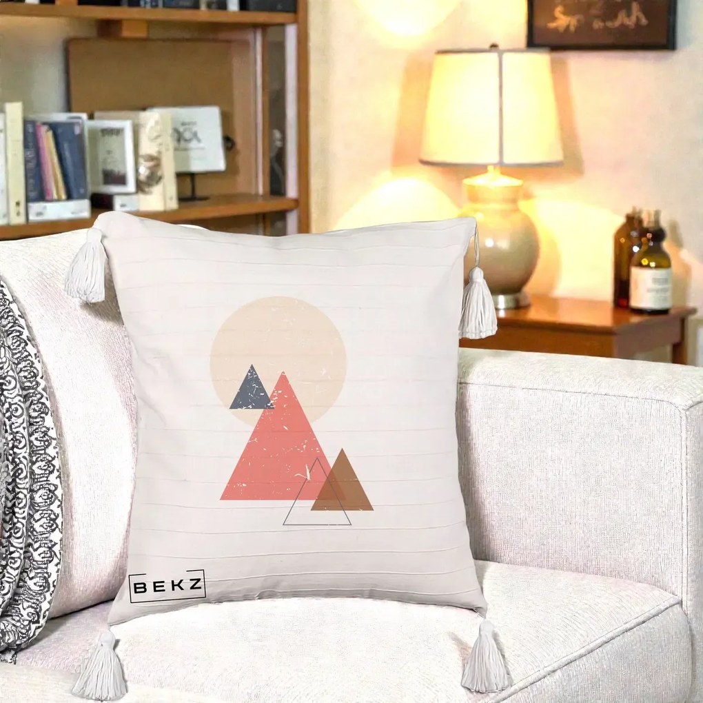 Perna Decorativa Geometric Munti si Soare, 40x40 cm, Bej cu Franjuri, Husa Detasabila, Perna Inclusa, BEKZ®