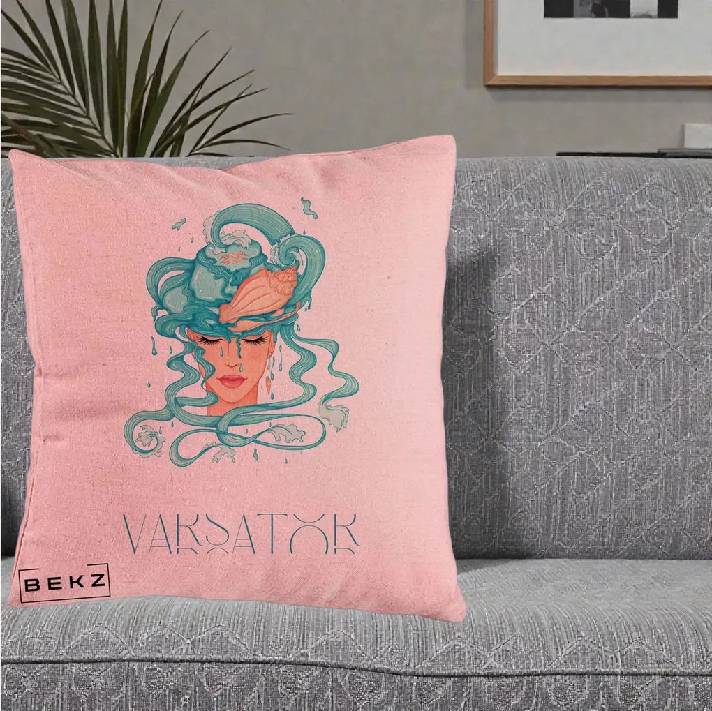 Perna Personalizata Zodiac Varsator Cowgirl, 40x40 cm, Roz, Husa Detasabila, Perna Inclusa, BEKZ®