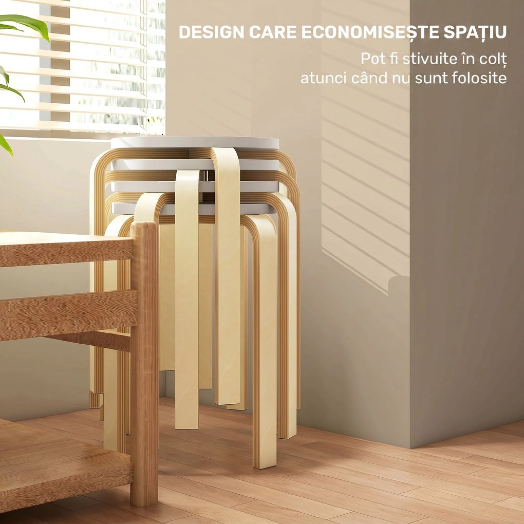 HOMCOM Set de Scaune Stivuibile pentru 4 Persoane, Scaune Moderne de Stivuire, Scaune Rotunde fără Spate, 40x40x45 cm, Lemn Natural | Aosom Romania