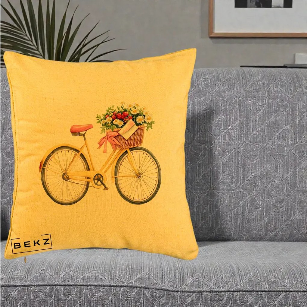 Perna Decorativa Bicicleta Galbena cu Cos de Flori Primavara, 40x40 cm, Galben, Husa Detasabila, Perna Inclusa, BEKZ®