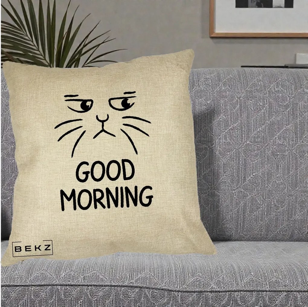 Perna Decorativa Pisica Morocanoasa Good Morning, 40x40 cm, Crem, Husa Detasabila, Perna Inclusa, BEKZ®