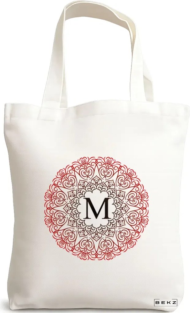 Sacosa de Panza pentru Cumparaturi, Geanta Tote, Cu litera M si Mandala, 38x34.5 cm, Alba, BEKZ®
