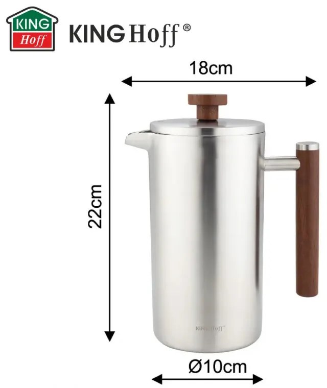 Presă franceză pentru cafea / ceai Kinghoff KH 1995, 1 l, Oțel inoxidabil, Pereți dubli, Inox