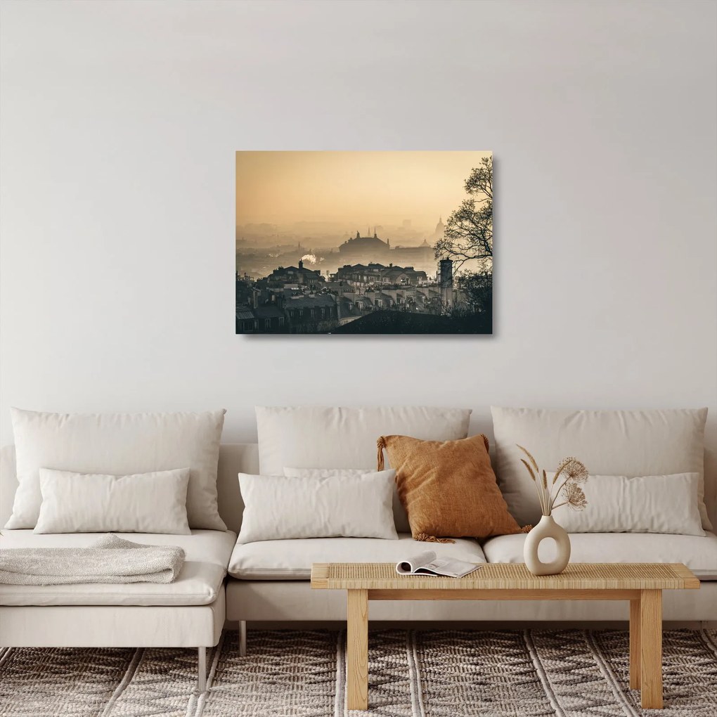 Tablou pe sticlă - Orașul în ceață (70x50 cm)