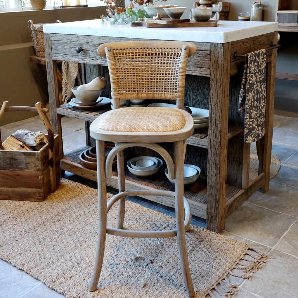 Scaun de bar cannage pentru insulă din lemn de hevea și ratan, natur, cu suport inelar pentru picioare, 92 x 40 x 45 cm, „Old French”