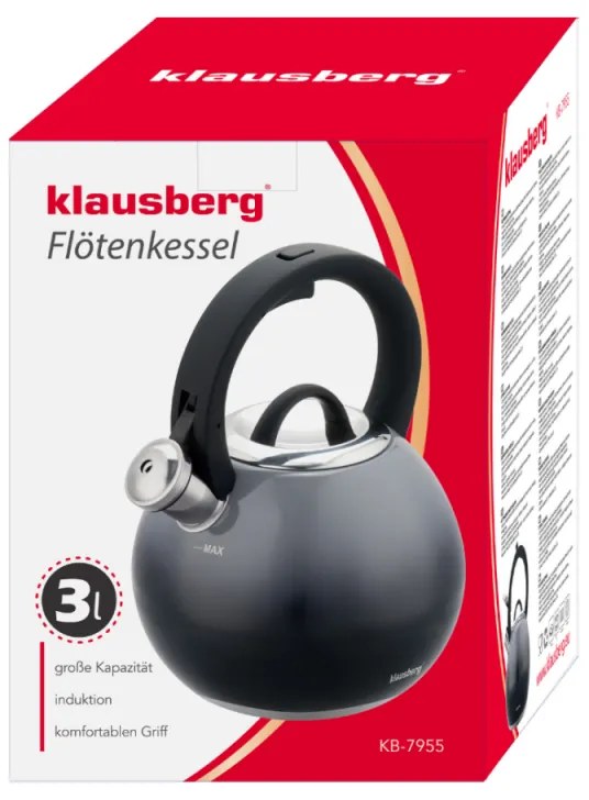 Ceainic cu fluier Klausberg KB 7955, 3l, Mâner izolat termic, Fund multistrat, Inducție, Gri închis grafit