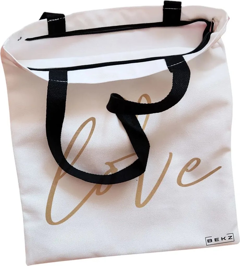 Sacosa de Panza pentru Cumparaturi, Geanta Tote, model Love 2, Cu fermoar, 38x34.5 cm, Alba, BEKZ®