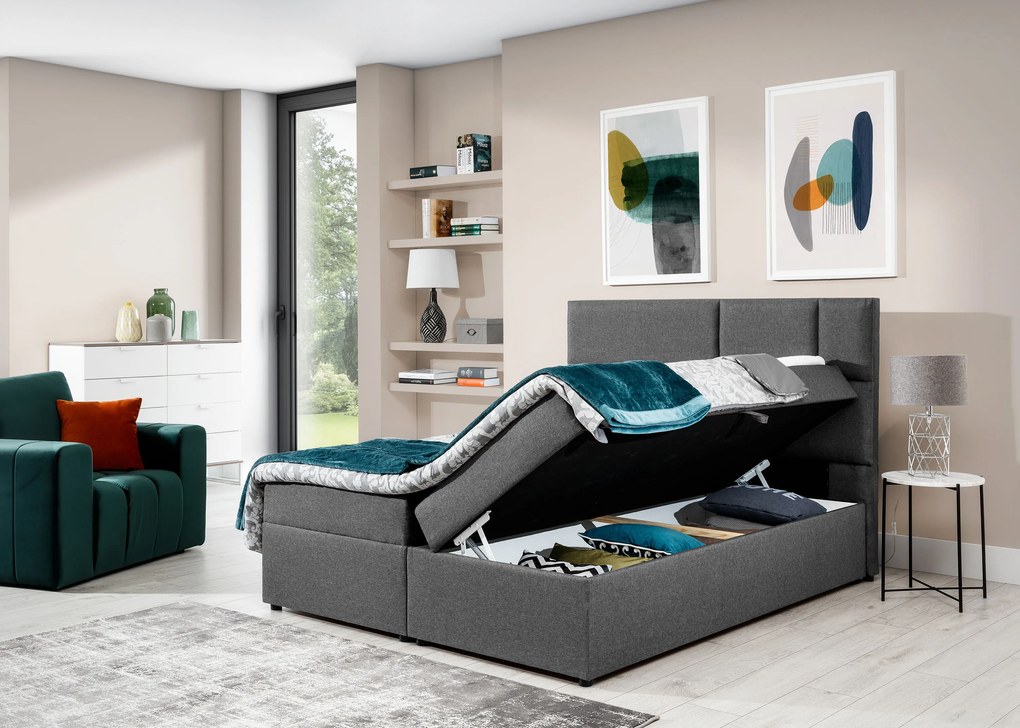 Pat matrimonial Boxspring 180 cm Florio (gri deschis) (cu saltele și sp. depozitare). 1025388