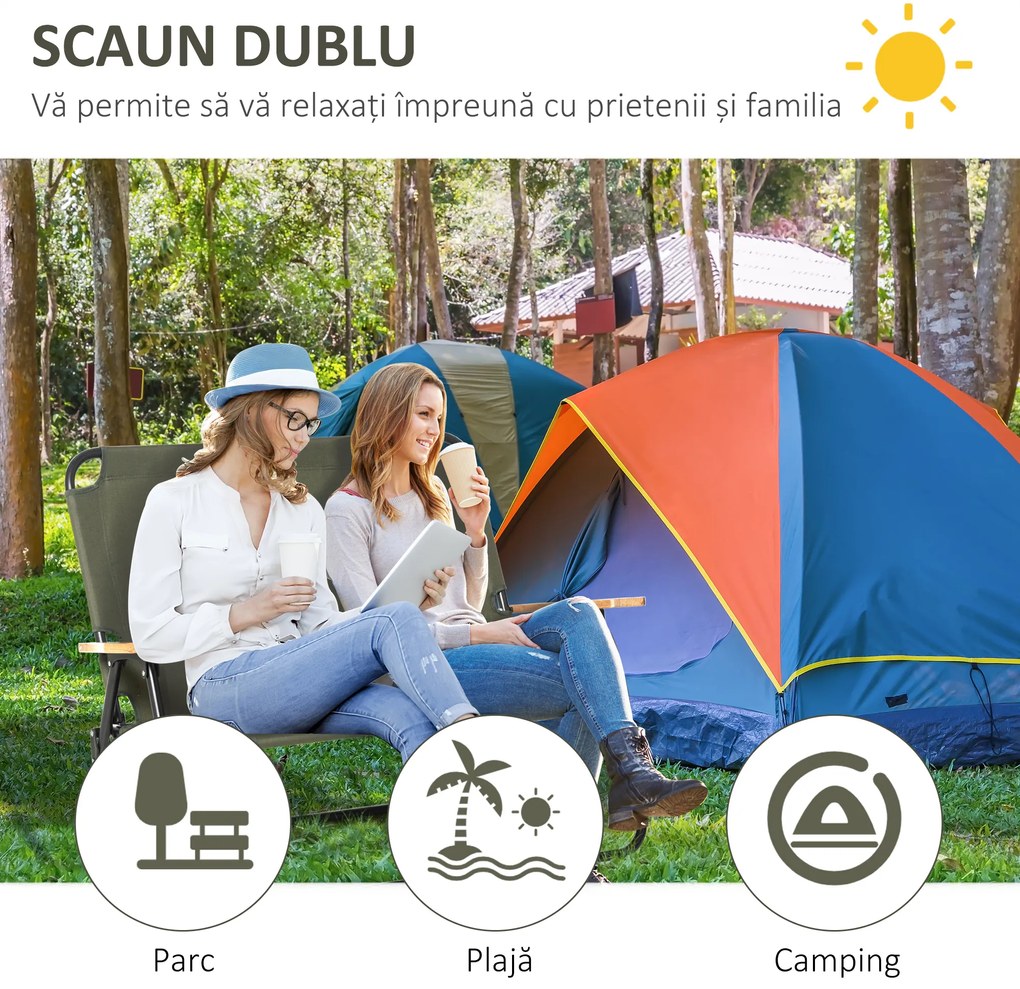 Outsunny Canapea de Camping Pliabilă Dublă, 2 Locuri, cu Mâner și Cotiere, Confortabilă, Verde | Aosom Romania