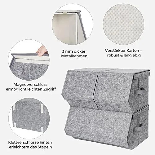 Set 3 cutii depozitare cu capac, textil / metal, gri, Songmics