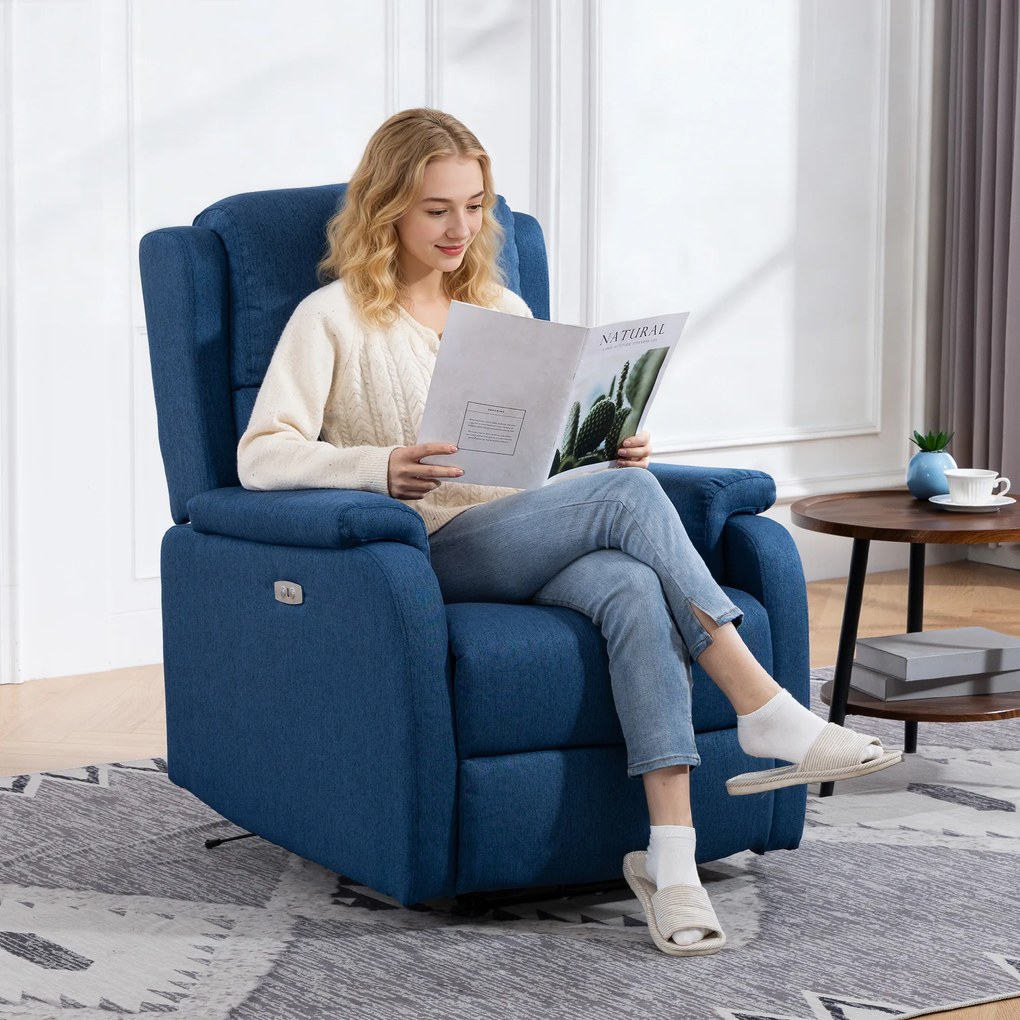 HOMCOM Fotoliu Relax Electric Reclinabil 150° cu Suport pentru Picioare și Port USB, Fotoliu Reclinabil Electric cu Cotiere Largi, Material cu Aspect de In, pentru Living, Dormitor, Albastru | Aosom Romania
