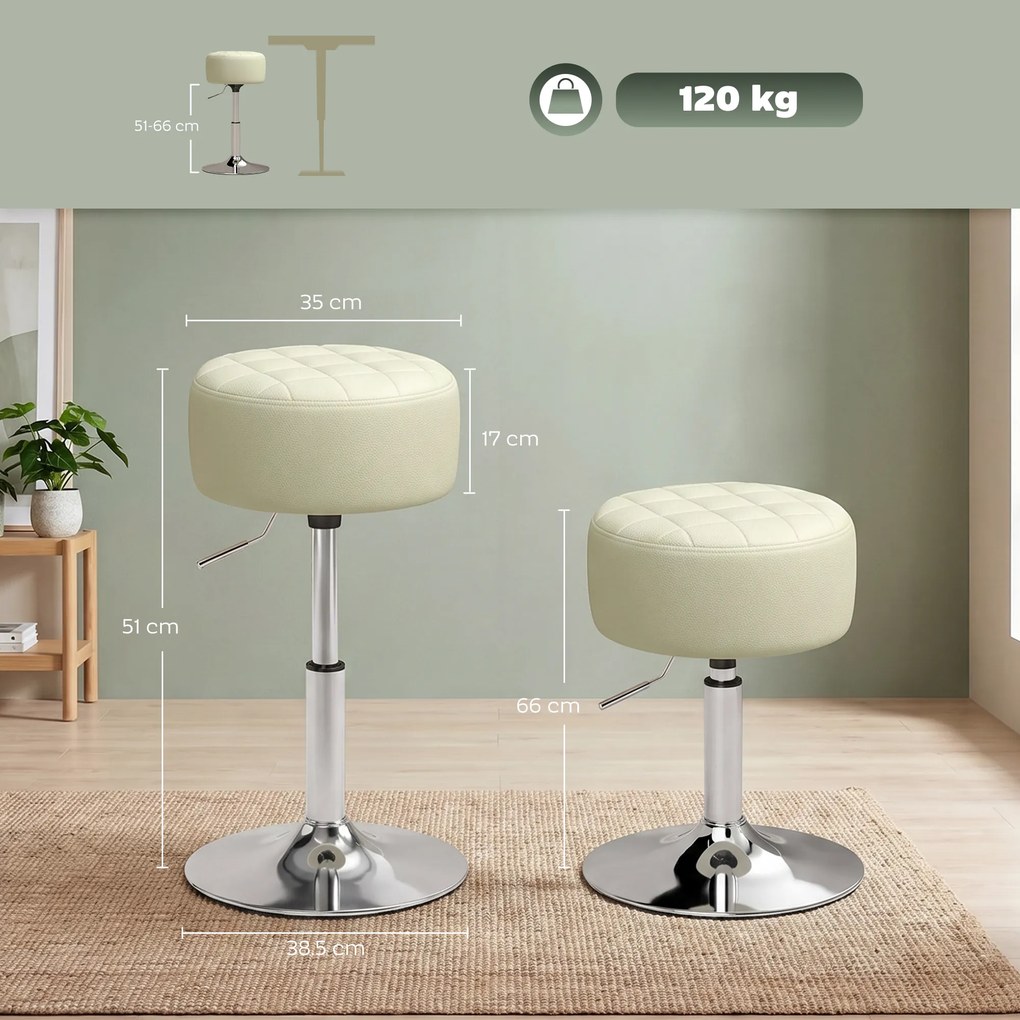 HOMCOM Scaun de Bar din Piele Ecologică PU, Reglabil pe Înălțime, Șezut Moale Gros, Rotire 360°, Pentru Insulă, Alb | Aosom Romania