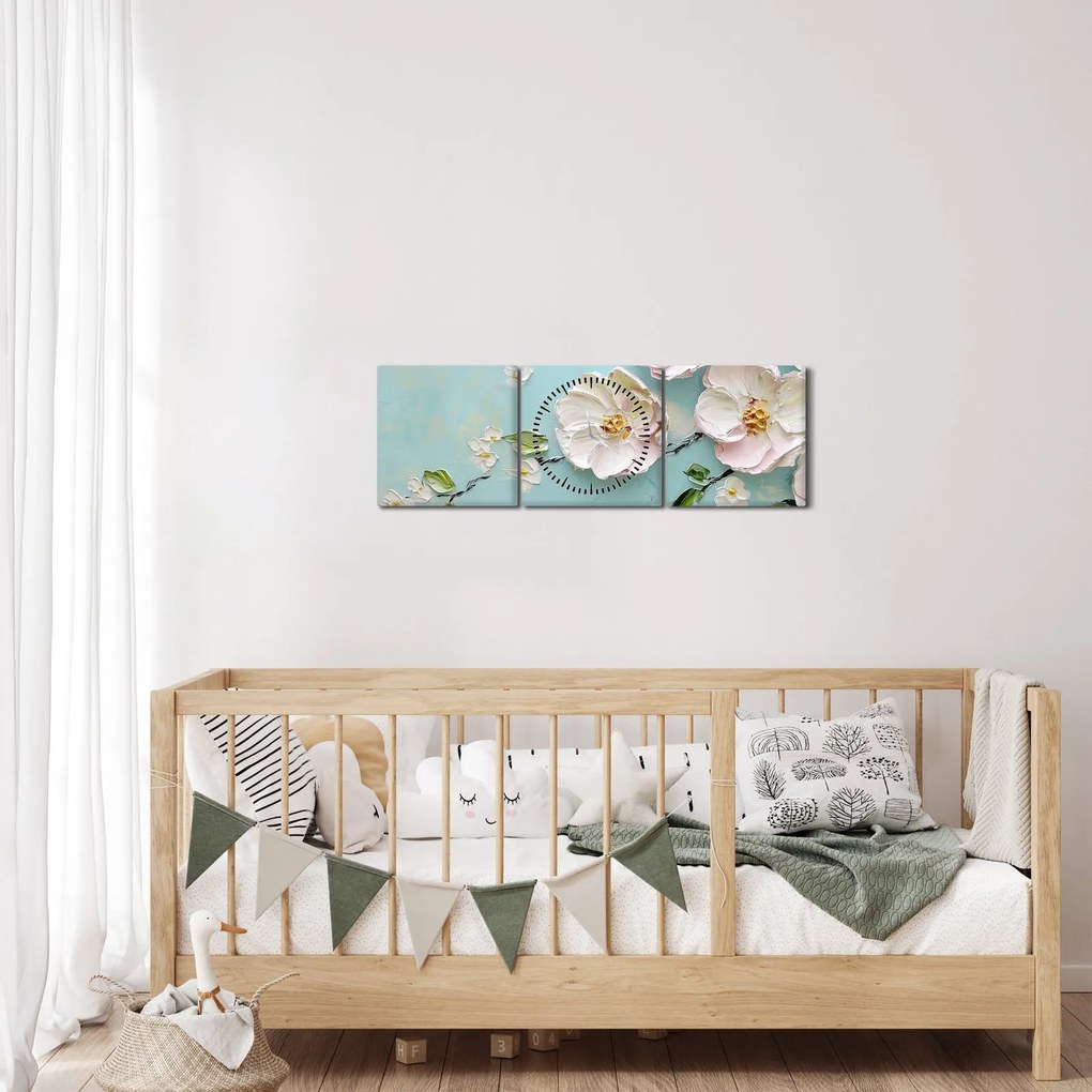 Tablou - Flori pe fundal albastru (cu ceas) (90x30 cm)
