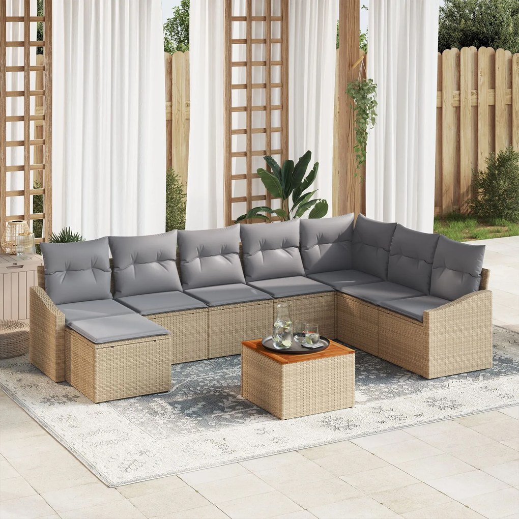 vidaXL Set canapea grădină 9 piese, perne bej poly rattan acacia