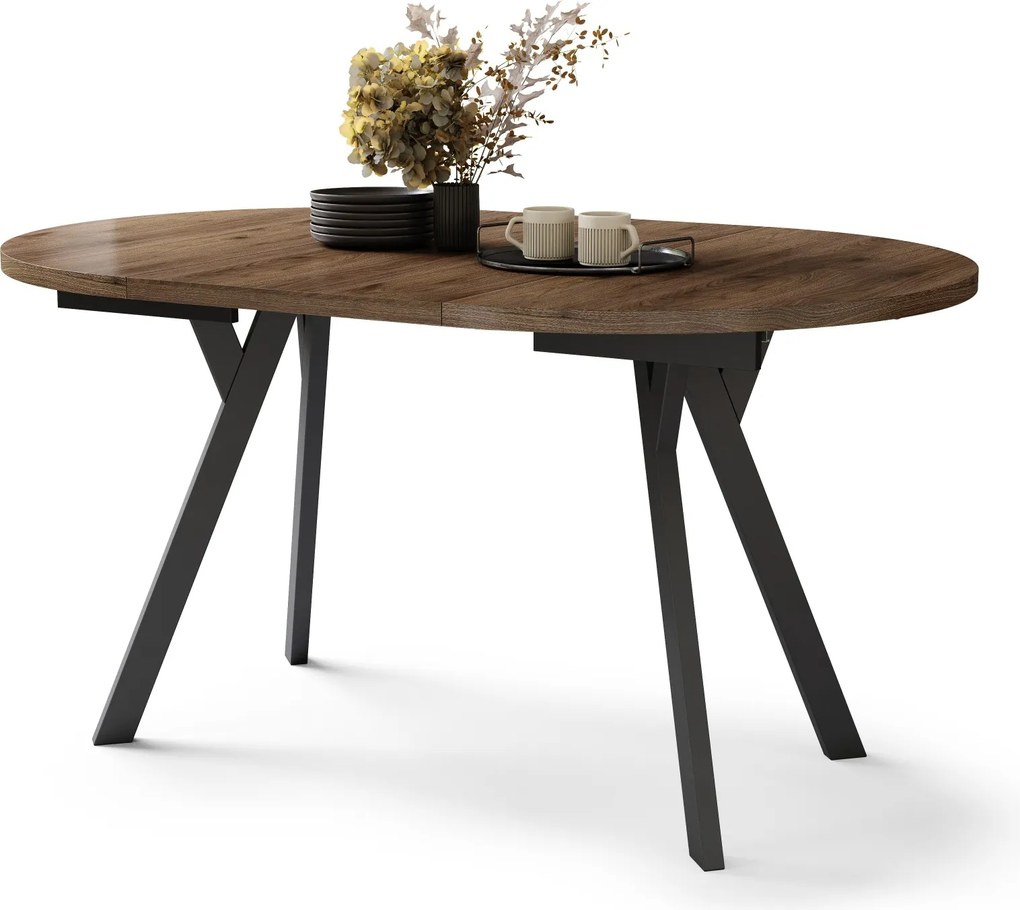 Mazzoni ALMO Nuc Elegant/picioare negre - MASĂ ROTUNDĂ EXTENSIBILĂ CU PICIOARE ÎN FORMĂ DE Y STIL LOFT PENTRU SALON/SUFRAGERIE