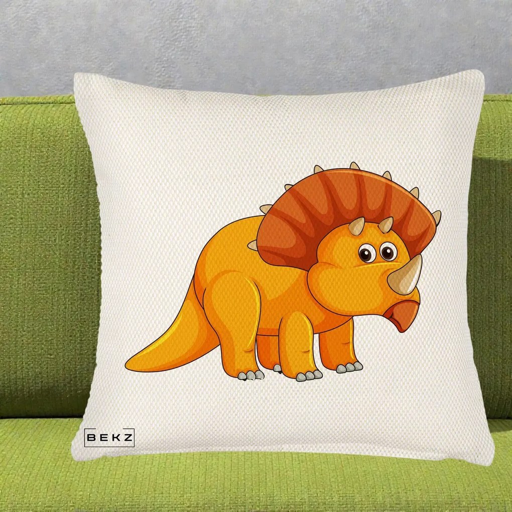 Perna Decorativa Triceratops Portocaliu, 40x40 cm, Crem Reliefat, Husa Detasabila, Perna Inclusa, BEKZ®