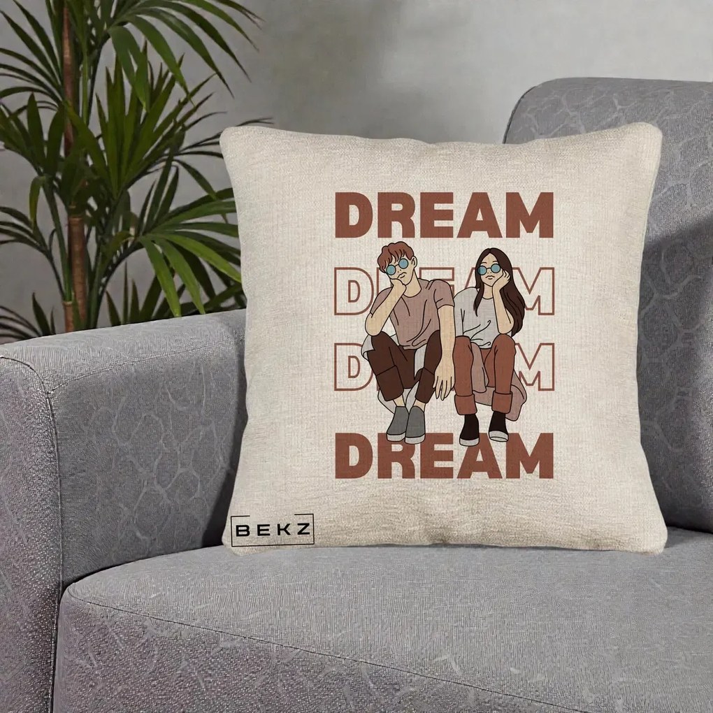 Perna Decorativa Dream Couple Aesthetic, 40x40 cm, Bej Canapea, Husa Detasabila, Perna Inclusa, BEKZ®