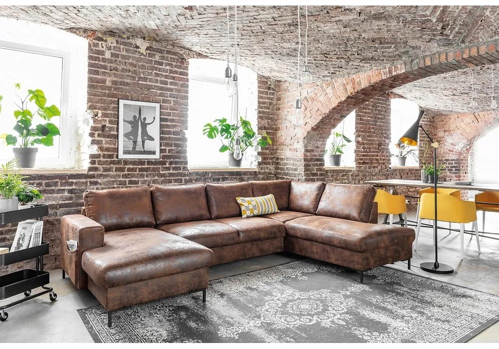 Canapea extensibilă în formă de „U” din imitație de piele cu șezlong pe partea dreaptă Miuform Lofty Lilly Vintage, maro