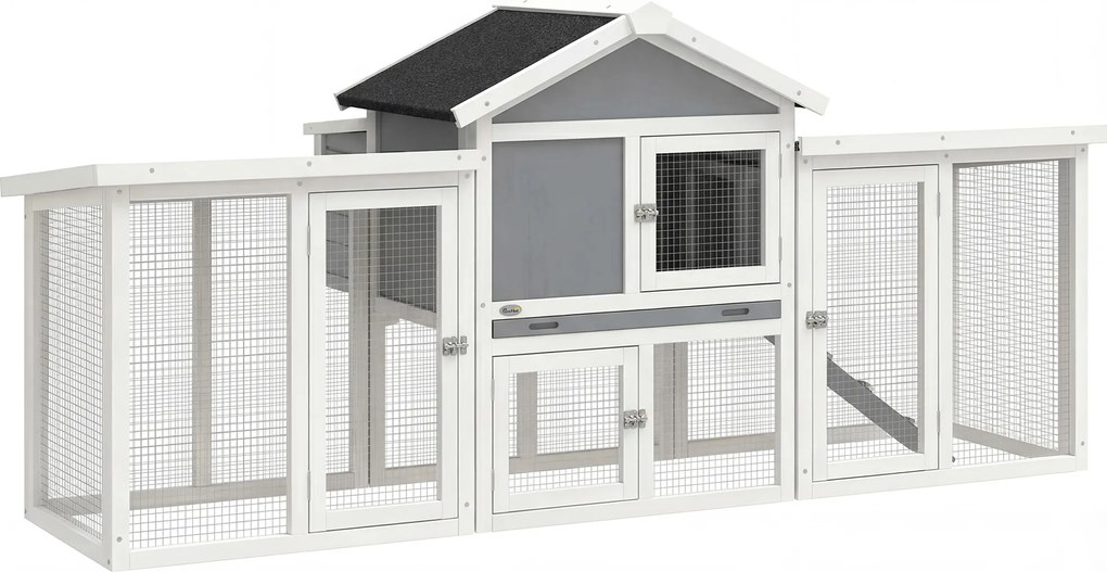 PawHut Coteț pentru exterior mare din lemn 204x85x93 cm cu cutie de cuibărit tarc tavă extractabilă și bară de cocoțat Gri | Aosom Romania