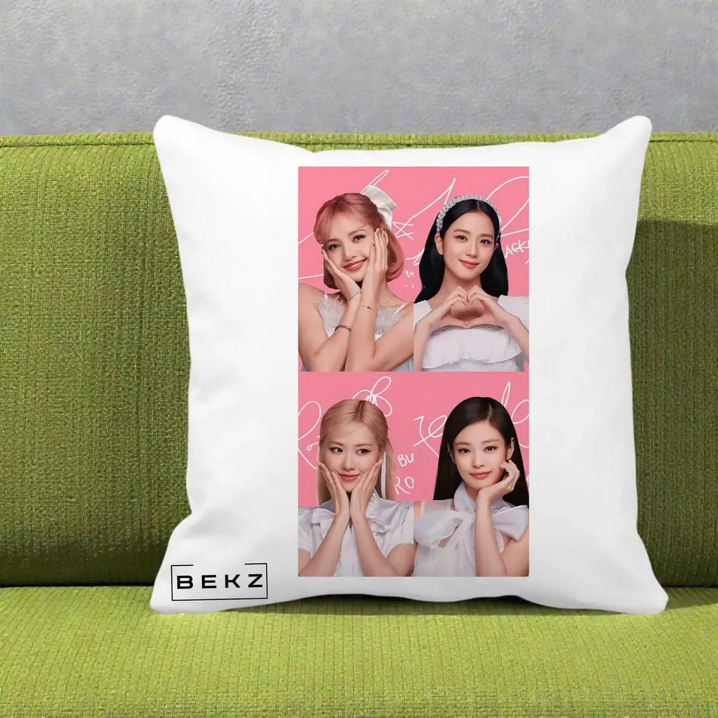 Perna Personalizata K-pop BLACKPINK Colaj Roz, 40x40 cm, Alba Mata, Husa Detasabila, Perna Inclusa, BEKZ®