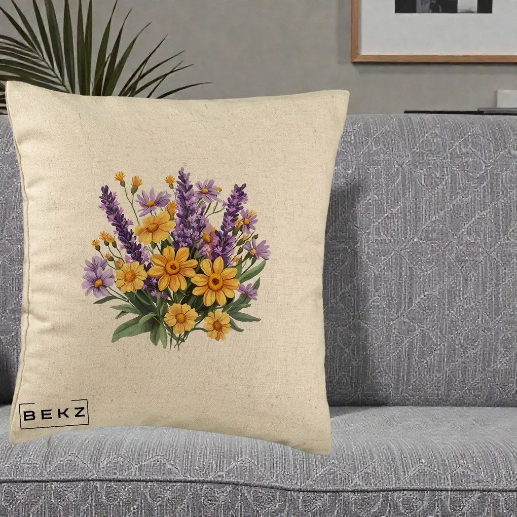 Perna Decorativa Lavanda cu Margarete Galbene si Lila, 40x40 cm, Bej, Husa Detasabila, Perna Inclusa, BEKZ®