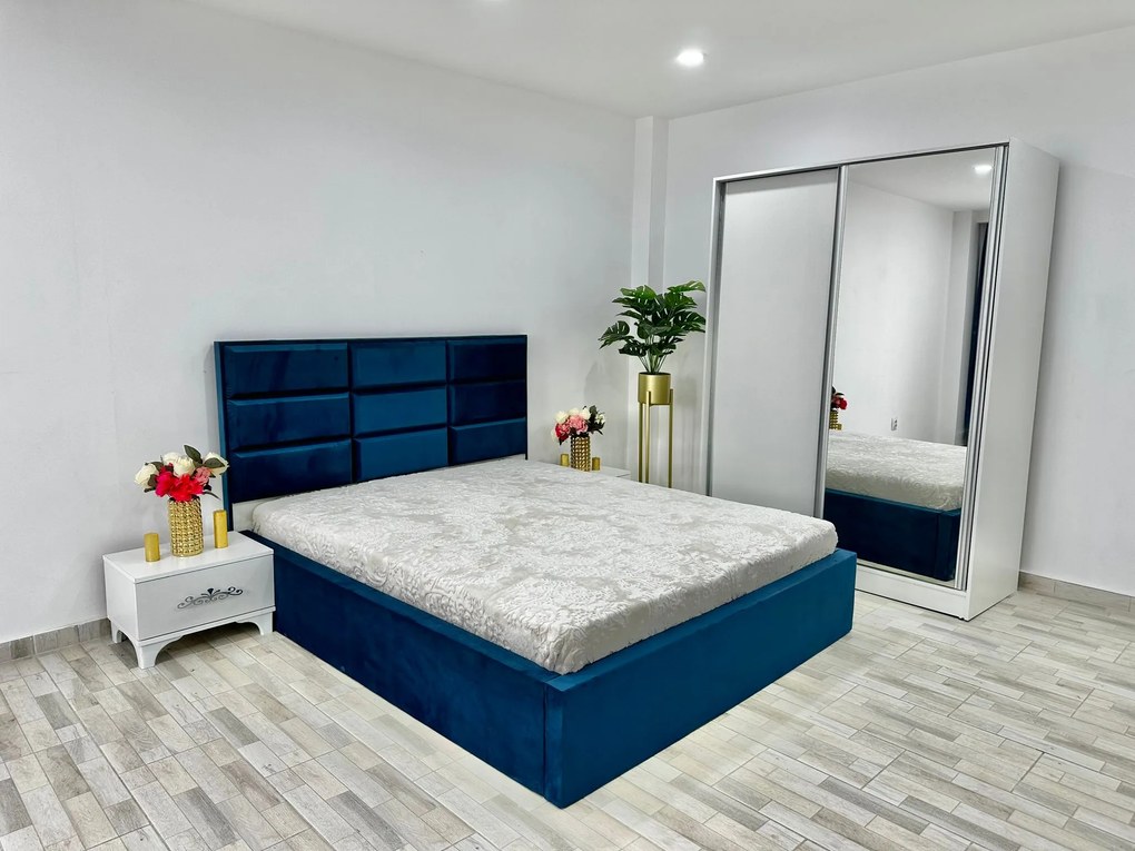 Dormitor Roma, culoare albastru / alb, cu pat Roma 160 x 200 cm, dressing Erika si 2 noptiere Viena