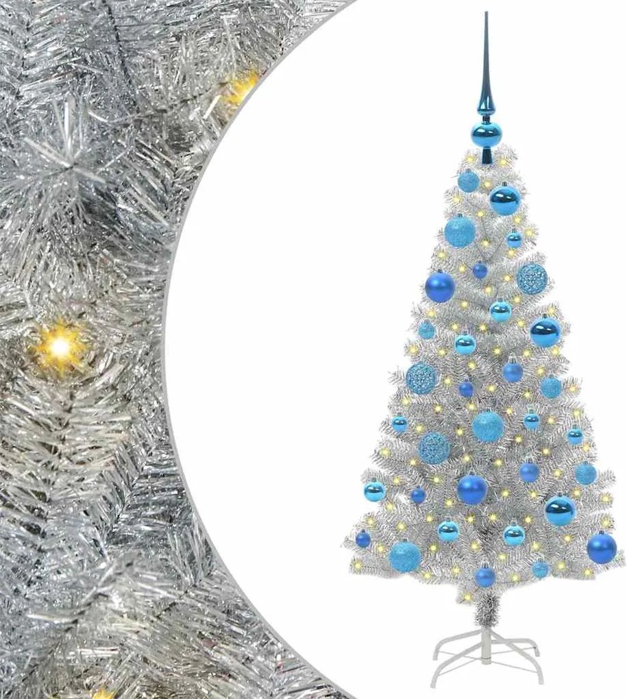 vidaXL Brad de Crăciun cu 150 LED cu suport Argintiu 120 cm PET