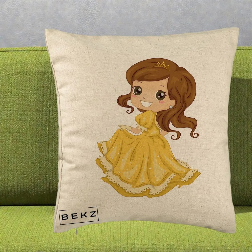 Perna Decorativa Printesa Bella Rochie Aurie, 40x40 cm, Bej, Husa Detasabila, Perna Inclusa, BEKZ®