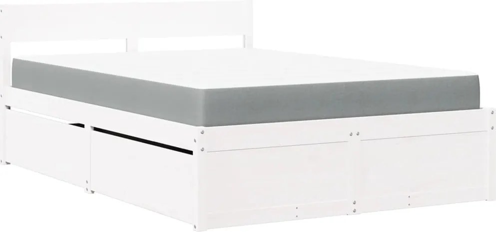 vidaXL Pat cu sertare și saltea, alb, 140x190 cm, lemn masiv pin