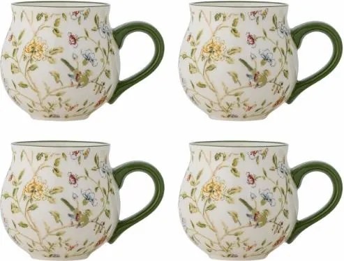 Set 4 căni din ceramică artizanală natur si motive florale botanice, 9×9 cm, "Bloomie"