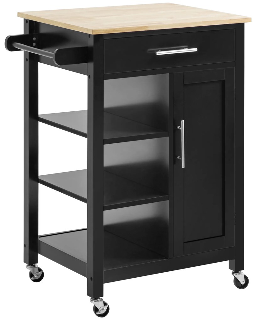 HOMCOM Dulap de Bucătărie cu Roți Dulap de Servire de Stil Contemporan - Ușă, sertar, 3 rafturi - mânere metal Blat Lemn de Hevea Negru | Aosom Romania