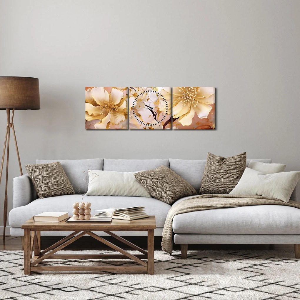 Tablou - Flori de aur (cu ceas) (90x30 cm)